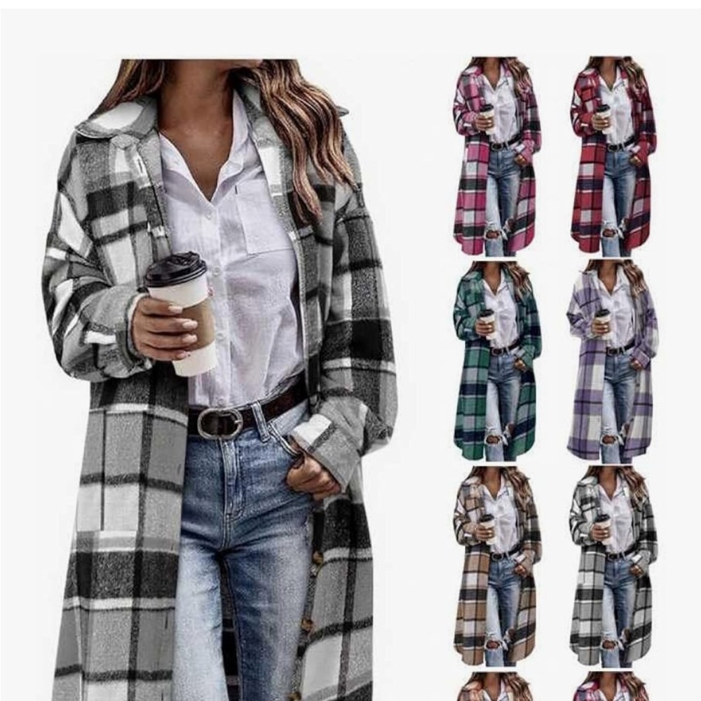 Plaid Longline Coat for Women - Black Grey and White Small and Large